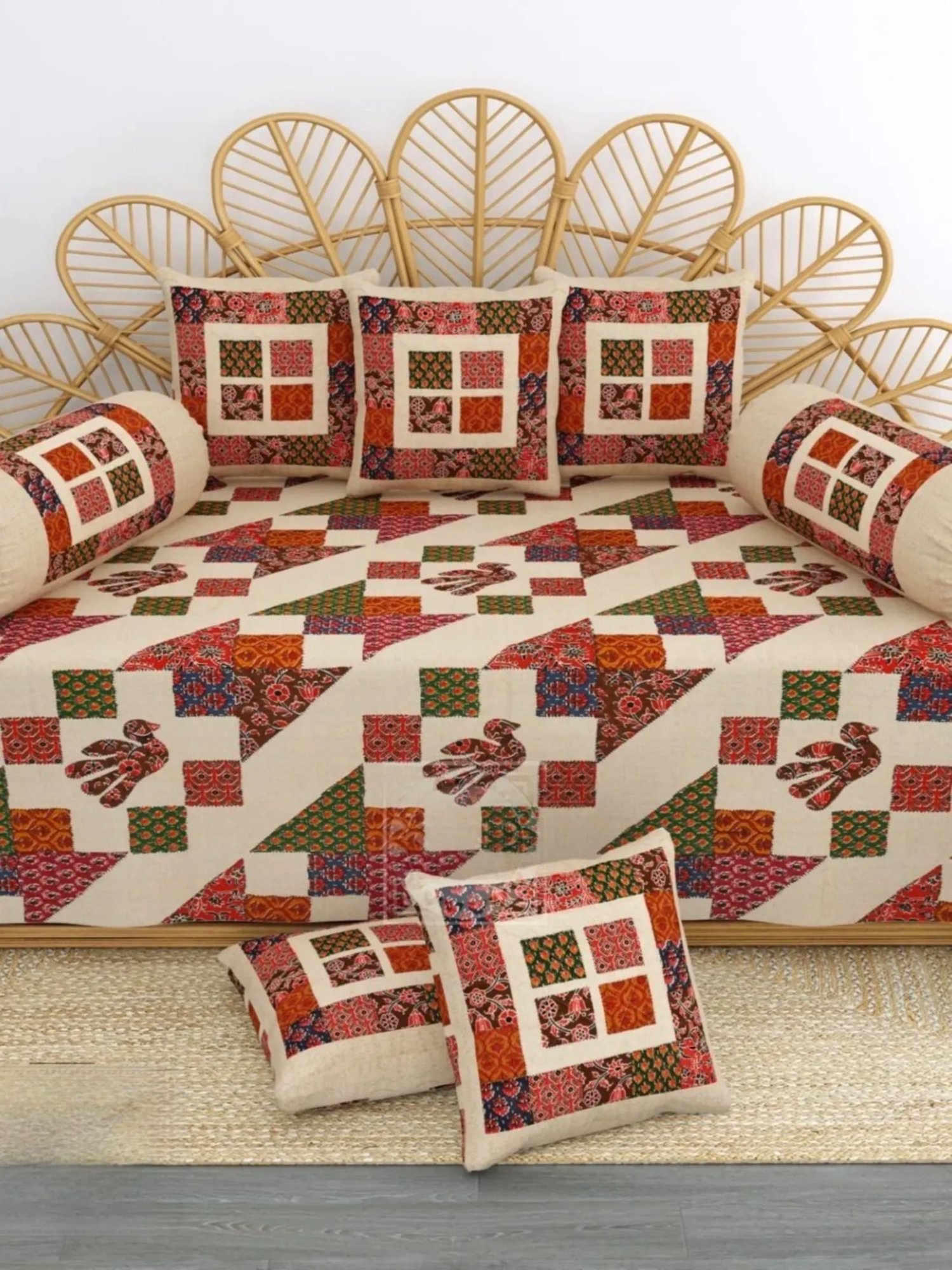 Living Roots Printed Grey 300 TC Cotton Single Diwan - Set of 8