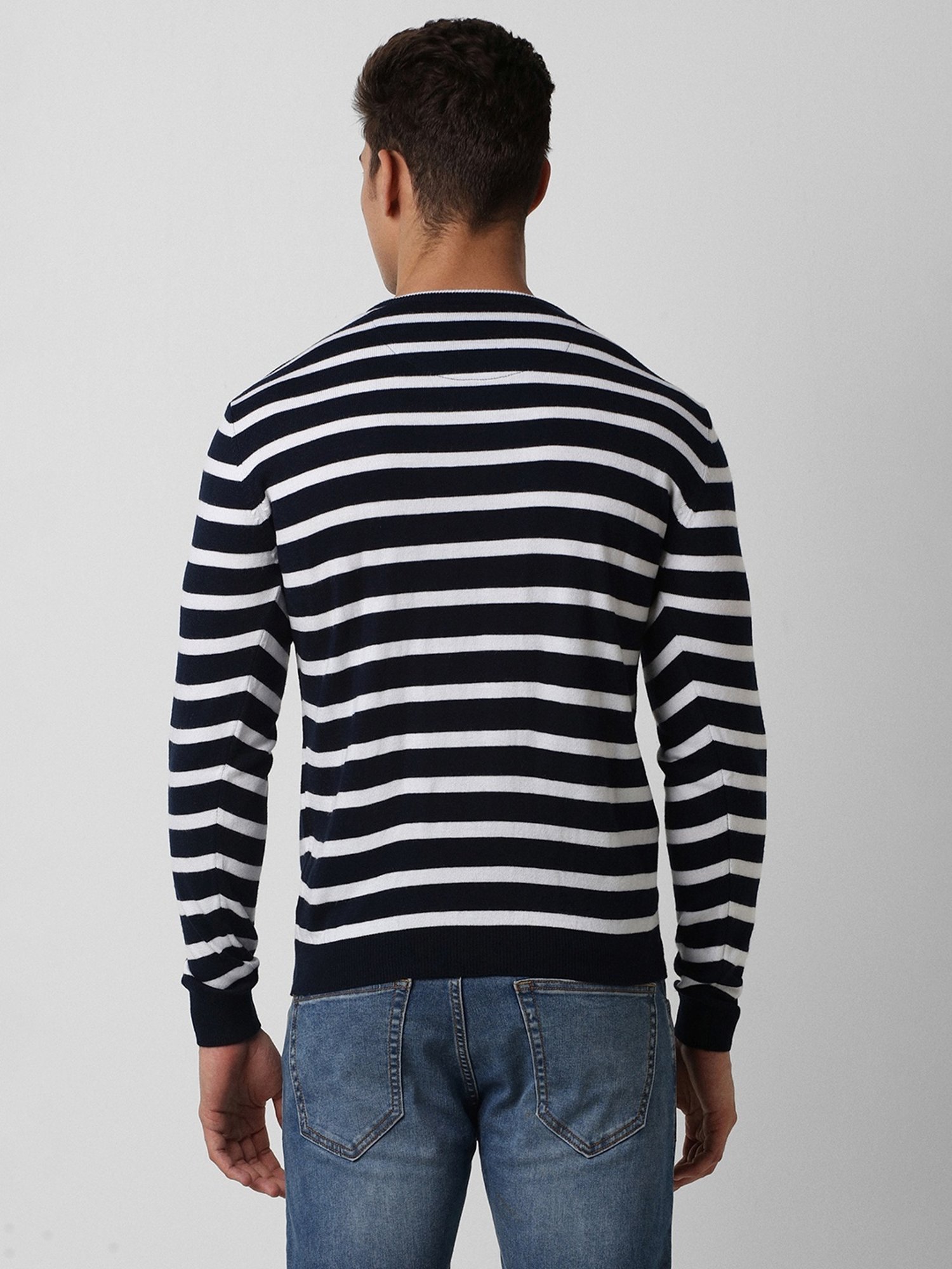 Peter England Black Regular Fit Striped Sweater