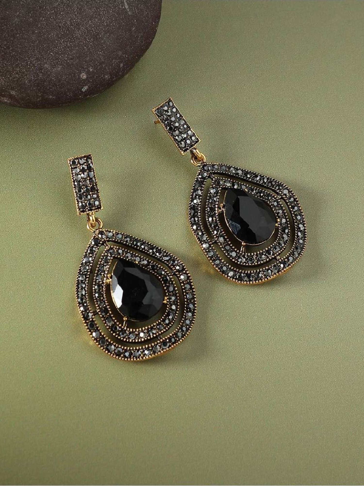 Sohi Women's Embellished Lined Teardrop Earrings  Carbon Black