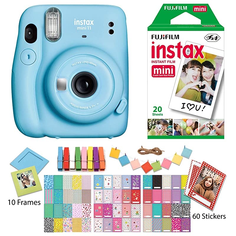 Instax Mini 11 Sky Blue Instant Camera with Twin Pack Instant Film, Ritz Gear Frame Stickers and Ritz Gear Hanging Frames
