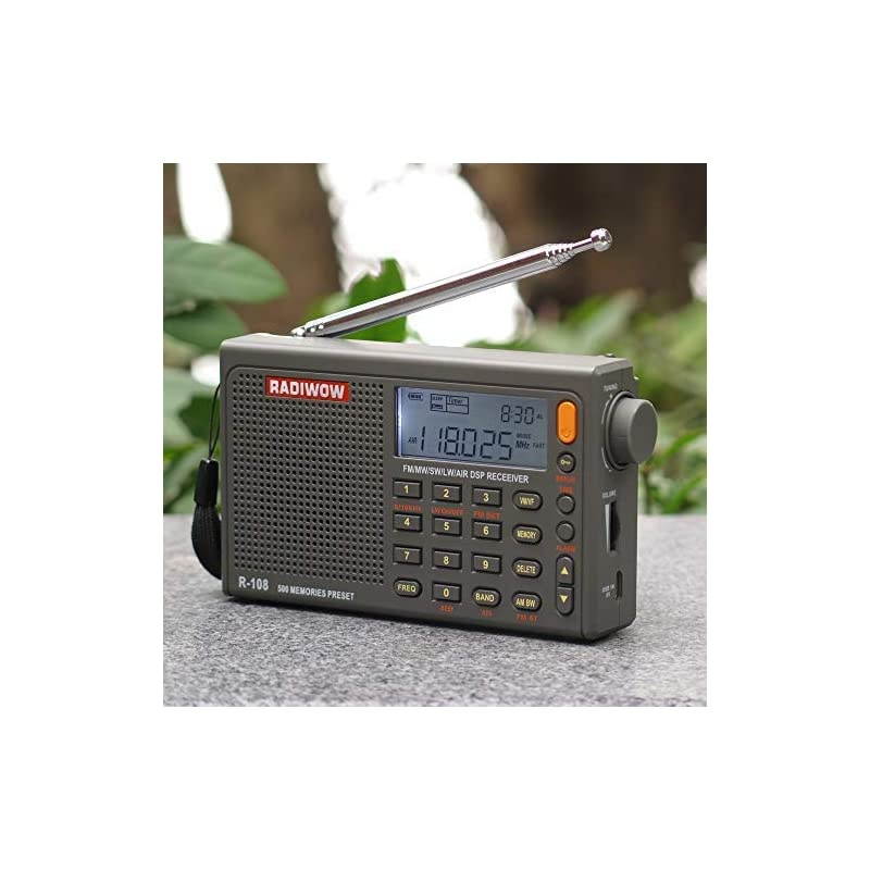 R108 FM StereoLWMWSWAIR BandDSP Full Band Portable Radio with Headphones Jack and Antenna Jack Sleep Timer and Alarm Clock 500 Memories preset Stations 100 preset for Each Band