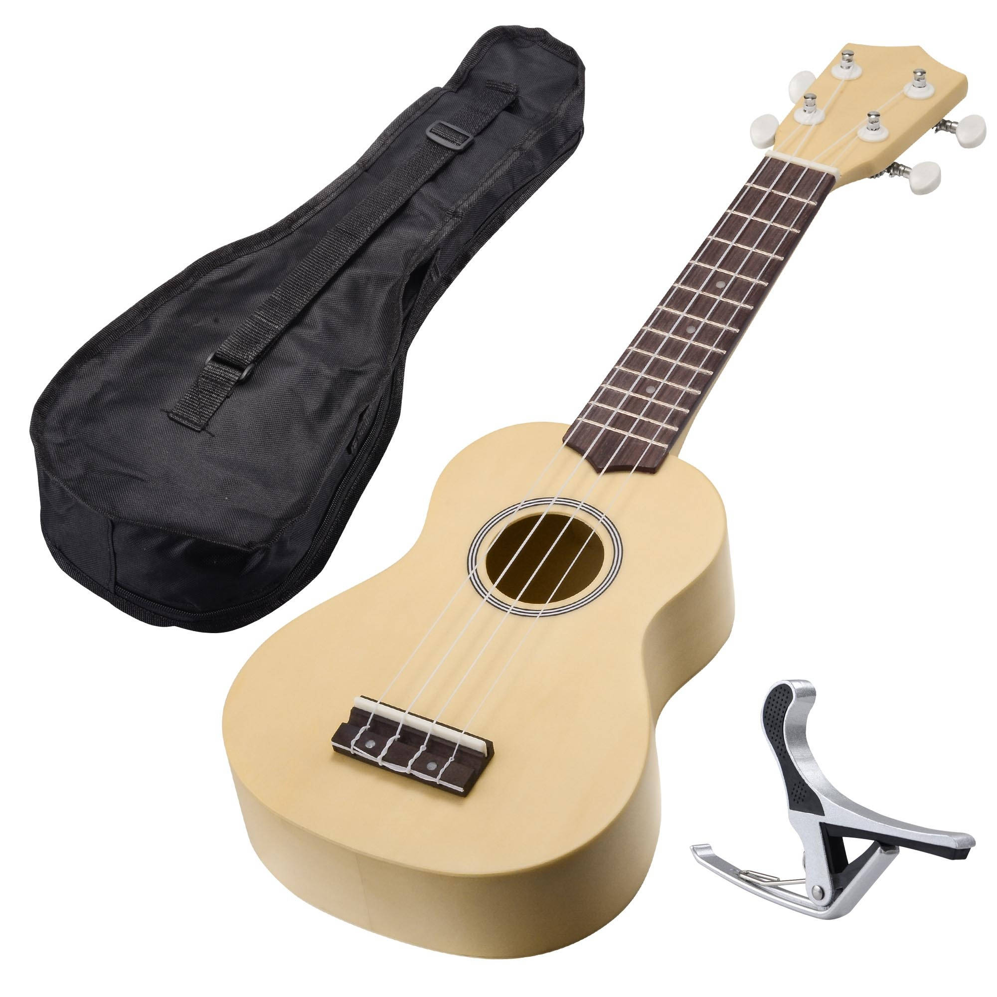 21" Basswood 12 Fret Soprano Ukulele with Aluminum Capo Carrying Bag Natural