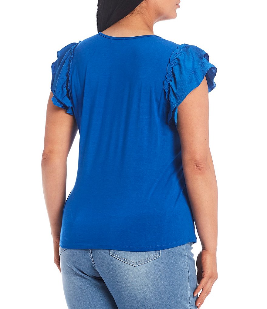 Democracy Plus Size Floral Print 3/4 Puff Sleeve V-Neck Knit Top