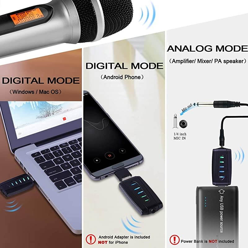 USB Wireless Microphone  UHF Dynamic mic for Android PC Computer Laptop PA Podcasting Vlogging YouTube Vocal Recording Gaming Singing Practice System with USB Receiver