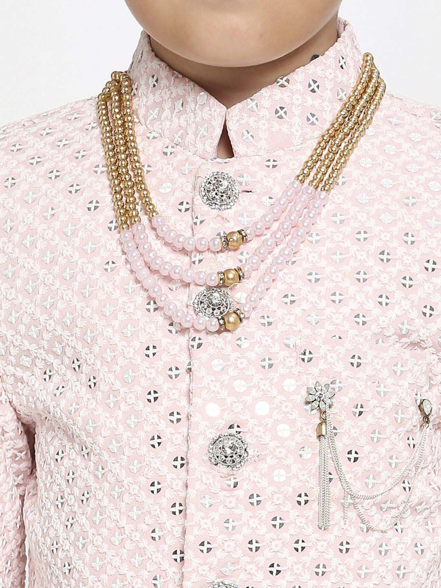 Kids Island Boys Pink & White Embroidery Full Sleeves Kurta Set