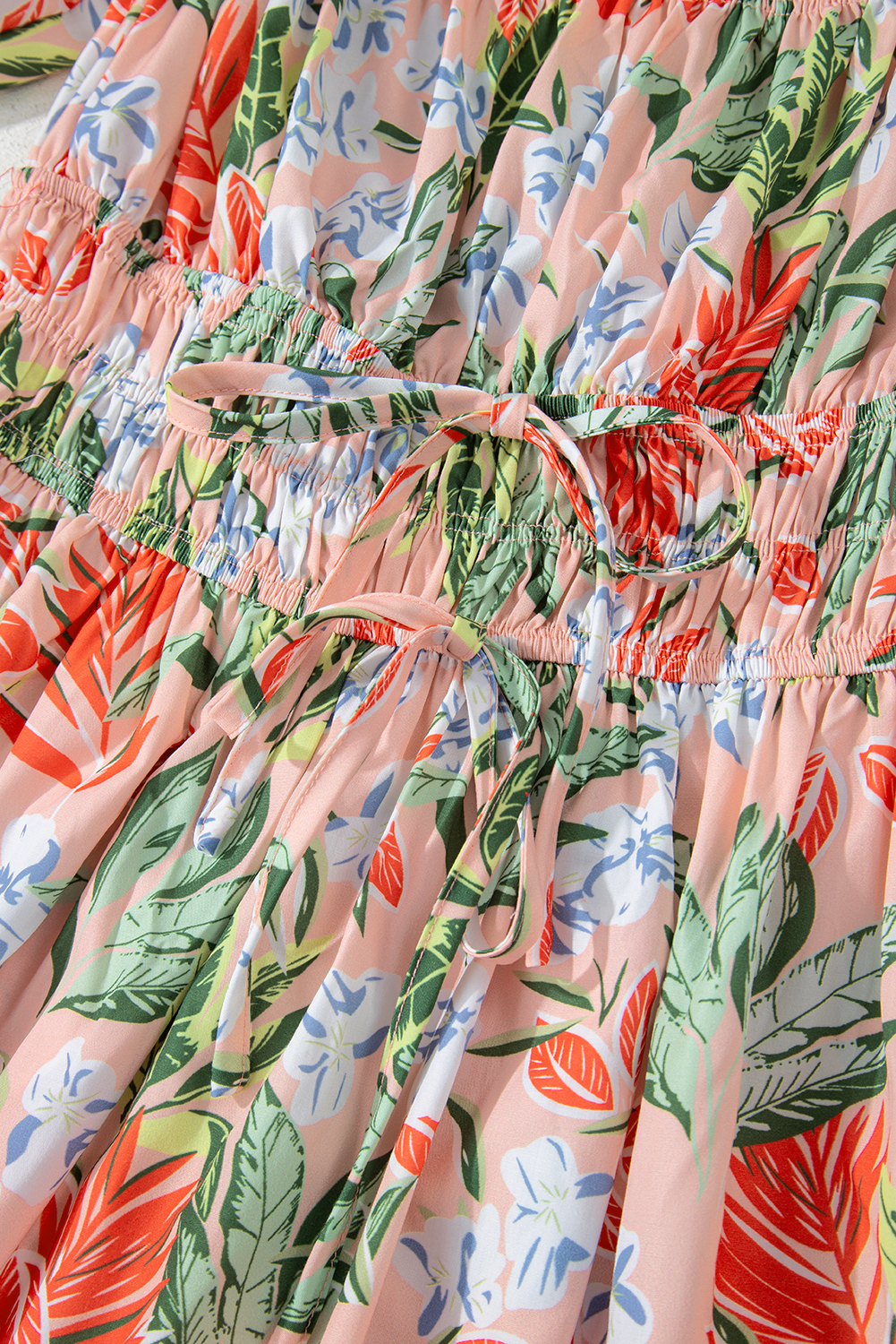 Apricot Pink Floral Knot Front Smocked Bubble Sleeve Dress