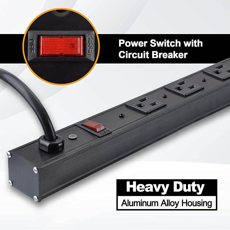 Wide-Spaced 12-Outlet Metal Power Strip Surge Protector, 15-Foot Ultra Long Extension Cord, 15A/125V/1875W, 600 Joules, ETL Listed, Black