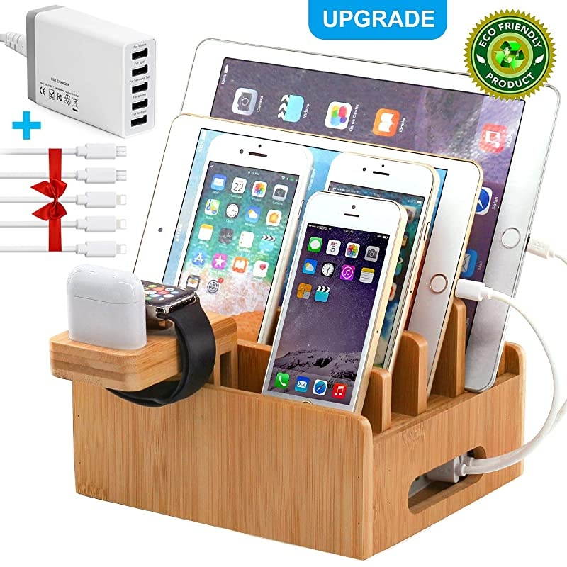 Charging Station for Multiple Devices with 5 Port USB Charger 5 Charger Cables and AirPod Watch Stand Pezin Hulin Desk Wood Docking Stations Electronic Organizer for Cell Phone Tablet