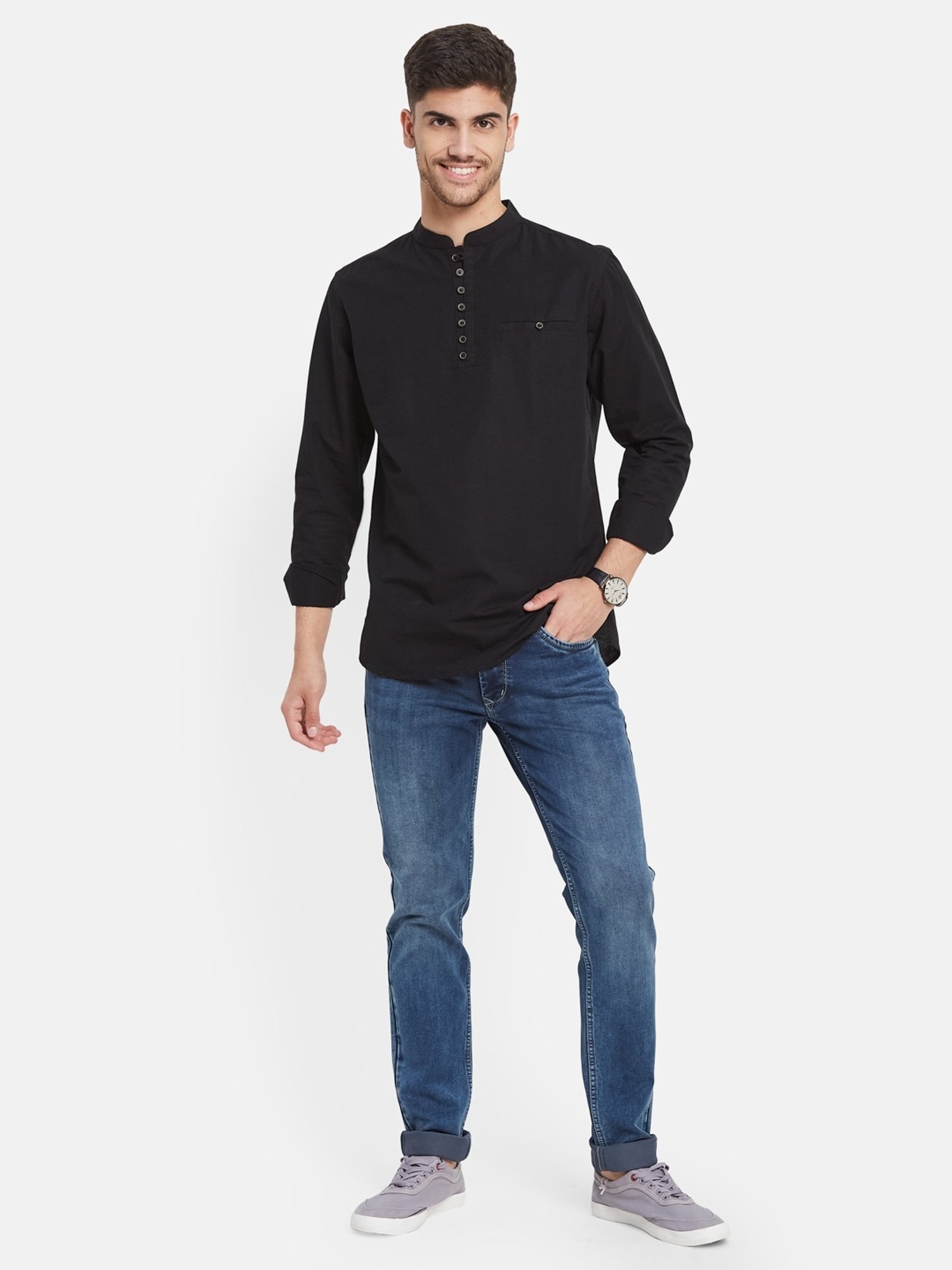 METTLE Black Cotton Regular Fit Shirt
