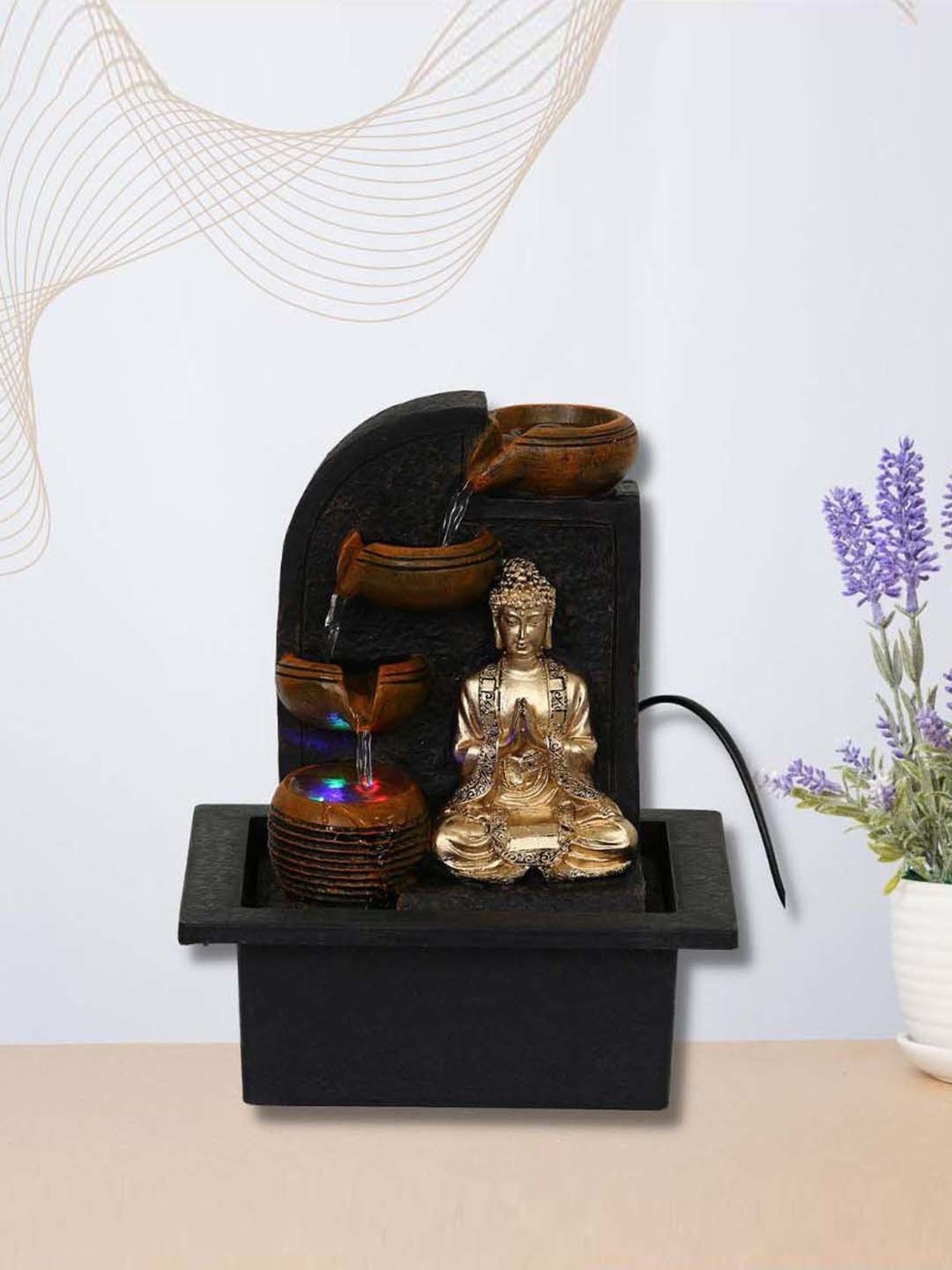 CHRONIKLE Brown & Golden Polyresin Namaskara Mudra Buddha 3 Steps Waterfall Fountain