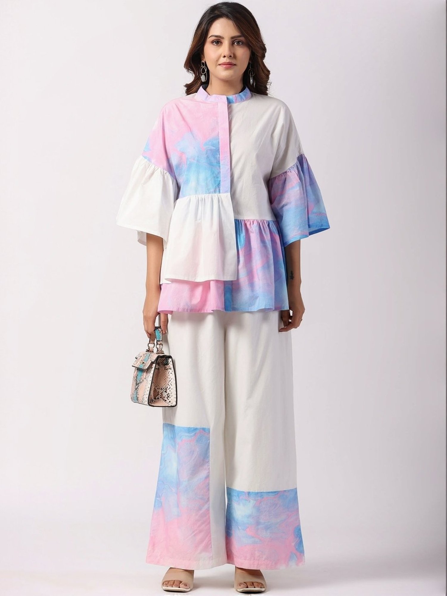 Zolo Label White Cotton Printed Top Palazzo Set