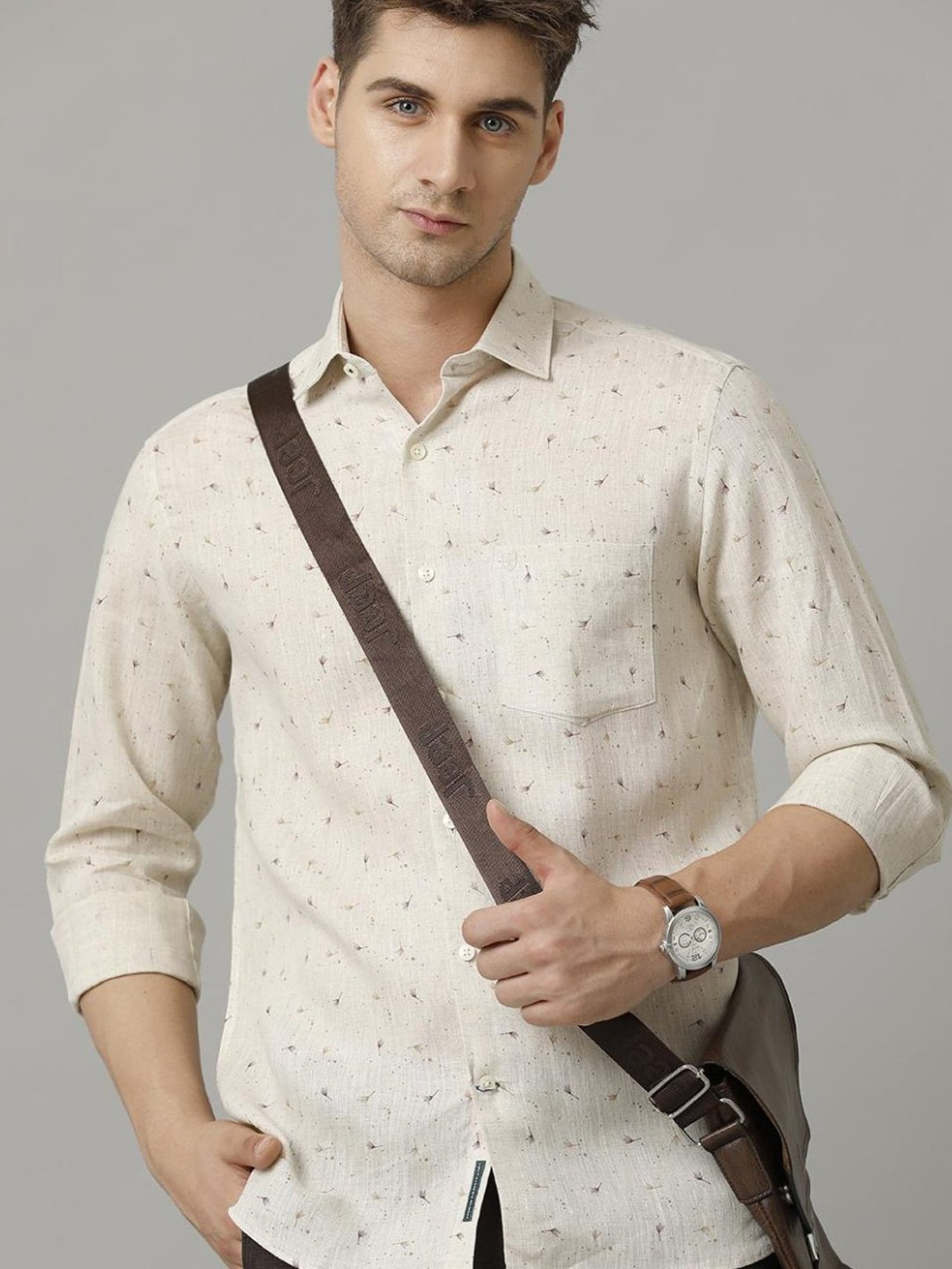 Linen Club Brown Linen Contemporary Fit Printed Shirt
