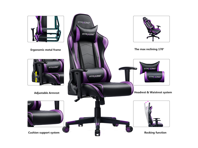 GTRACING Ergonomic Office Chair - Racing Seat, Height Adjustment, Pillows, Recliner, Swivel Rocker Tilt, for E-Sports, Computers, and Gaming