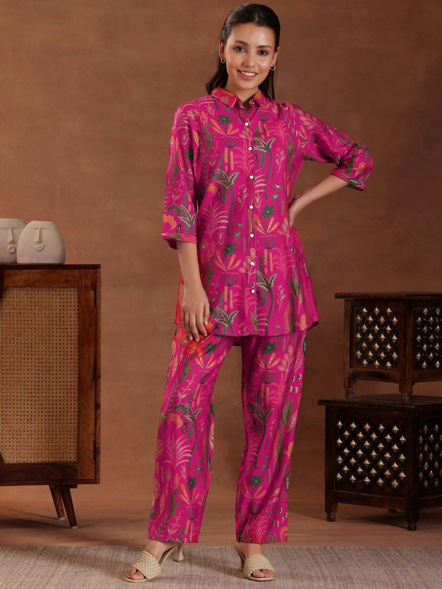 Libas Pink Printed Silk Blend Co-Ords