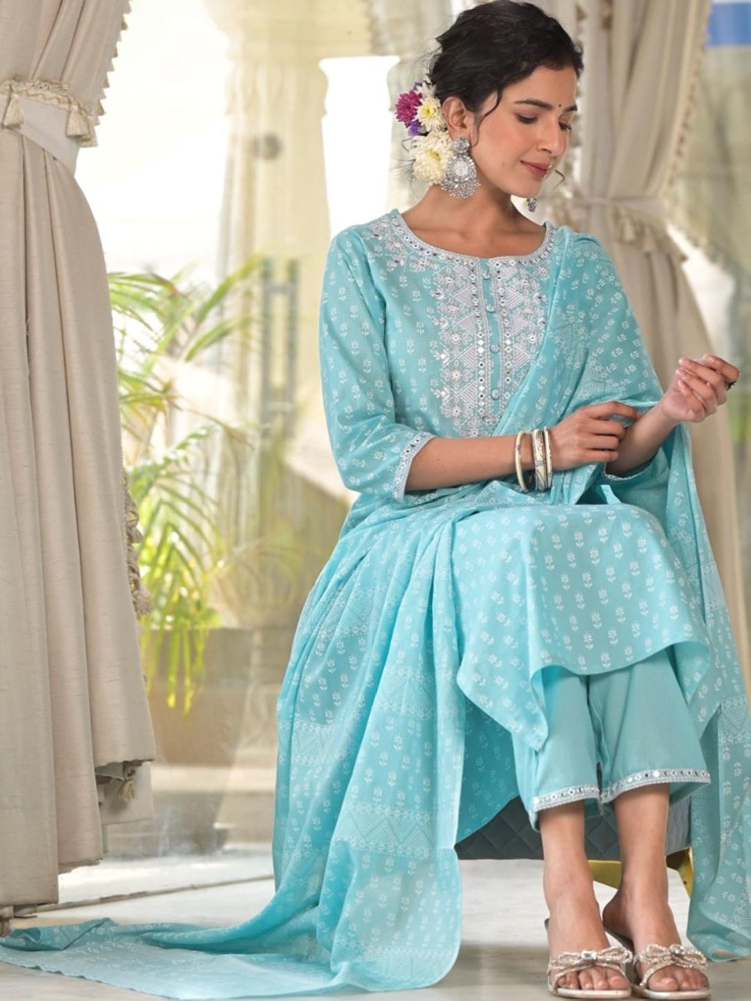 Autumnlane Blue Radhya Sky Cotton Kurta with Pant and Dupatta