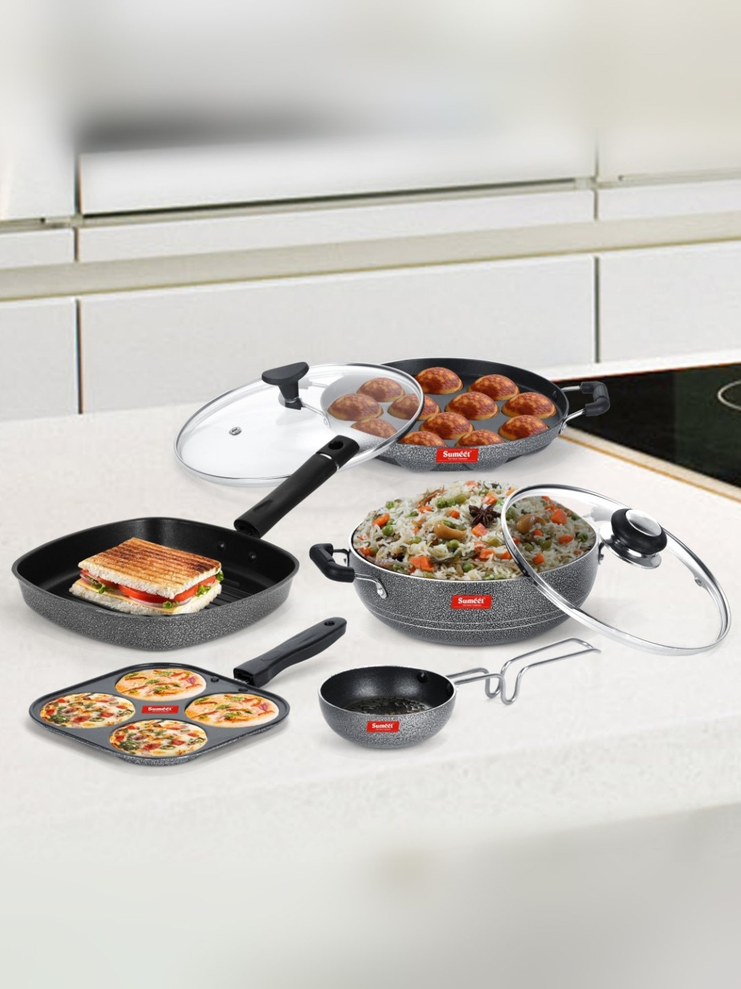 Sumeet NonStick Cookware Set-Snack Maker+Appam Patra & GlassLid+Kadhai & Glass Lid+Grill & Tadka pan