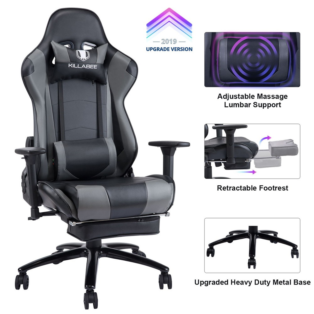 KILLABEE Big and Tall 350lb Massage Gaming Chair Metal Base - Adjustable Massage Lumbar Cushion, Retractable Footrest High Back Ergonomic Leather Racing Computer Desk Executive Office Chair(Blue)