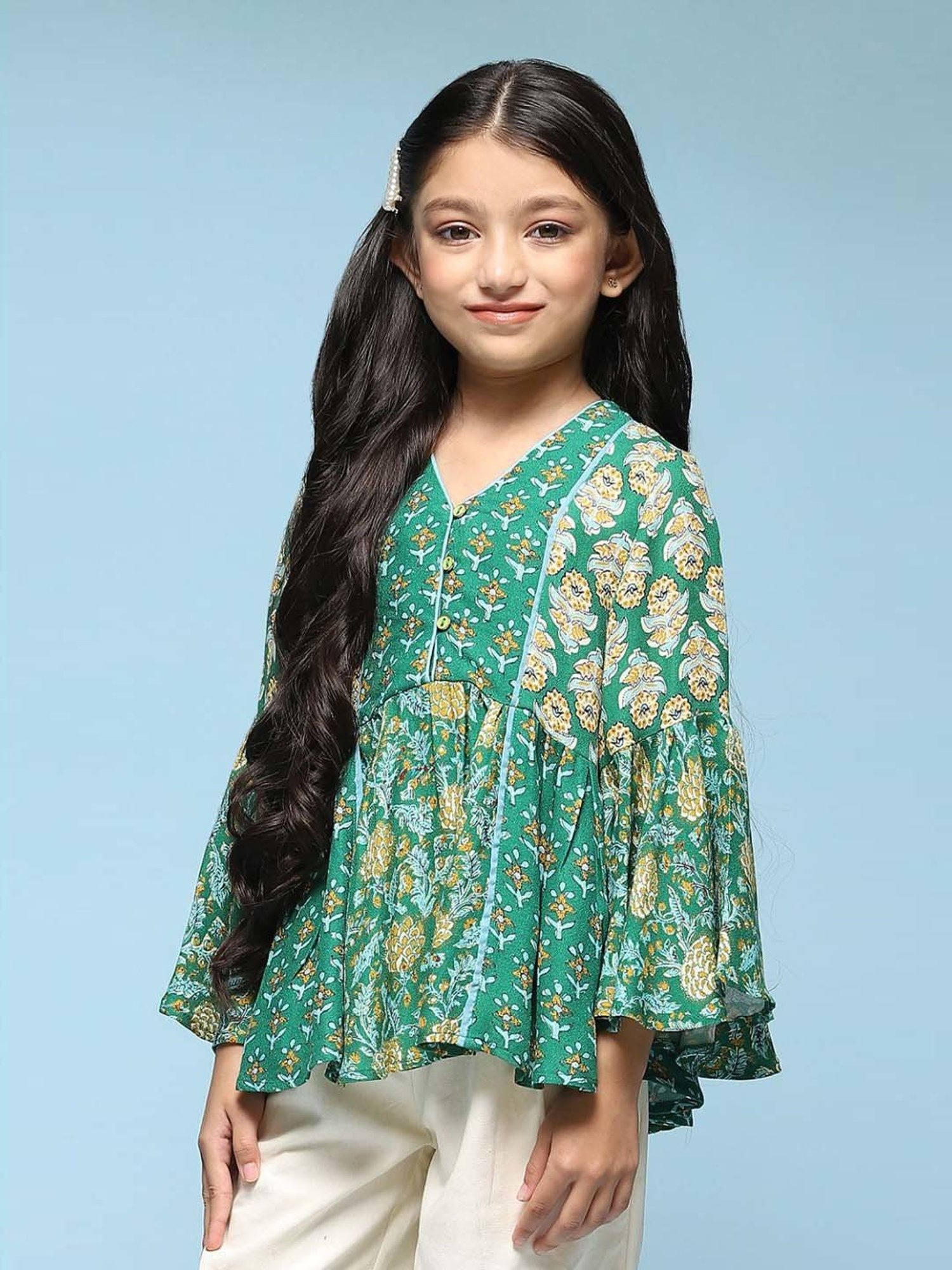 BIBA Girls Kids Green Printed Full Sleeves Top