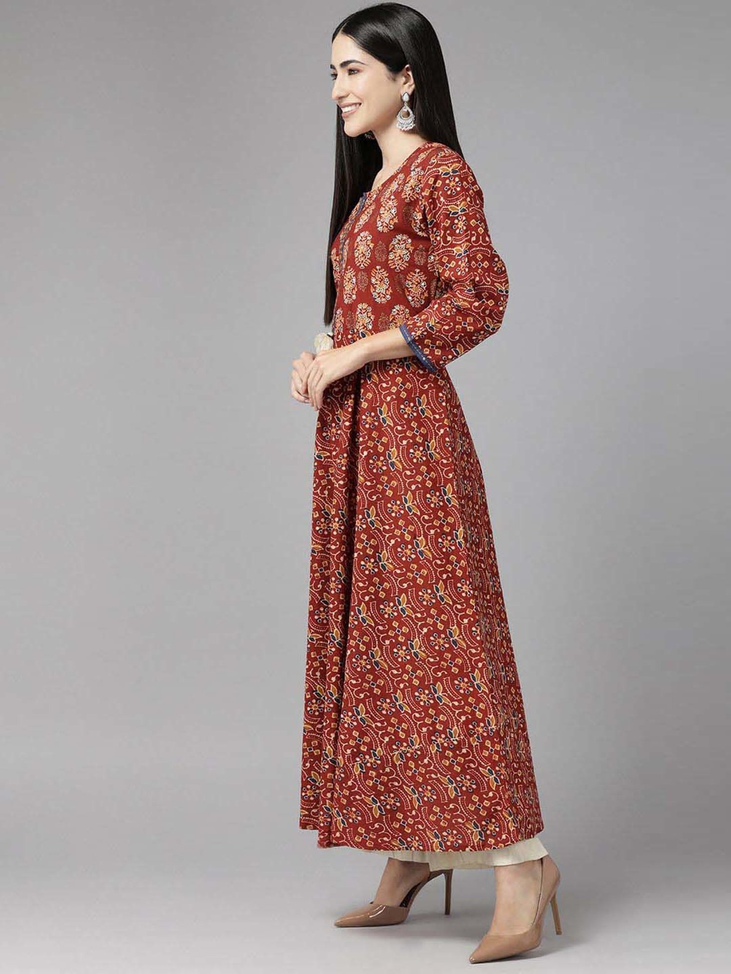 Fusion Beats Light Grey Embroidered A Line Kurta