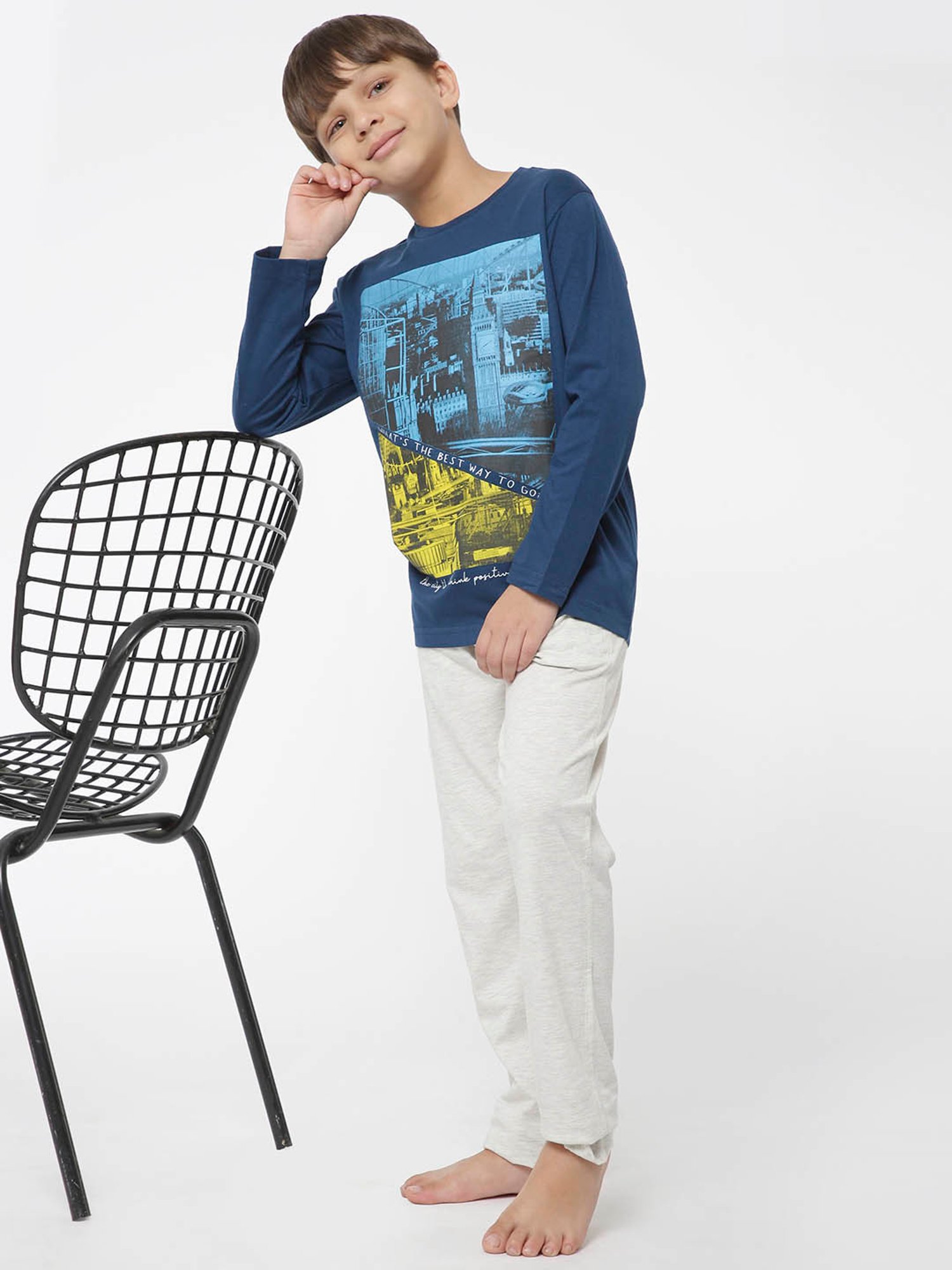 Sweet Dreams Kids Navy & Grey Printed Full Sleeves T-Shirt with Pyjamas