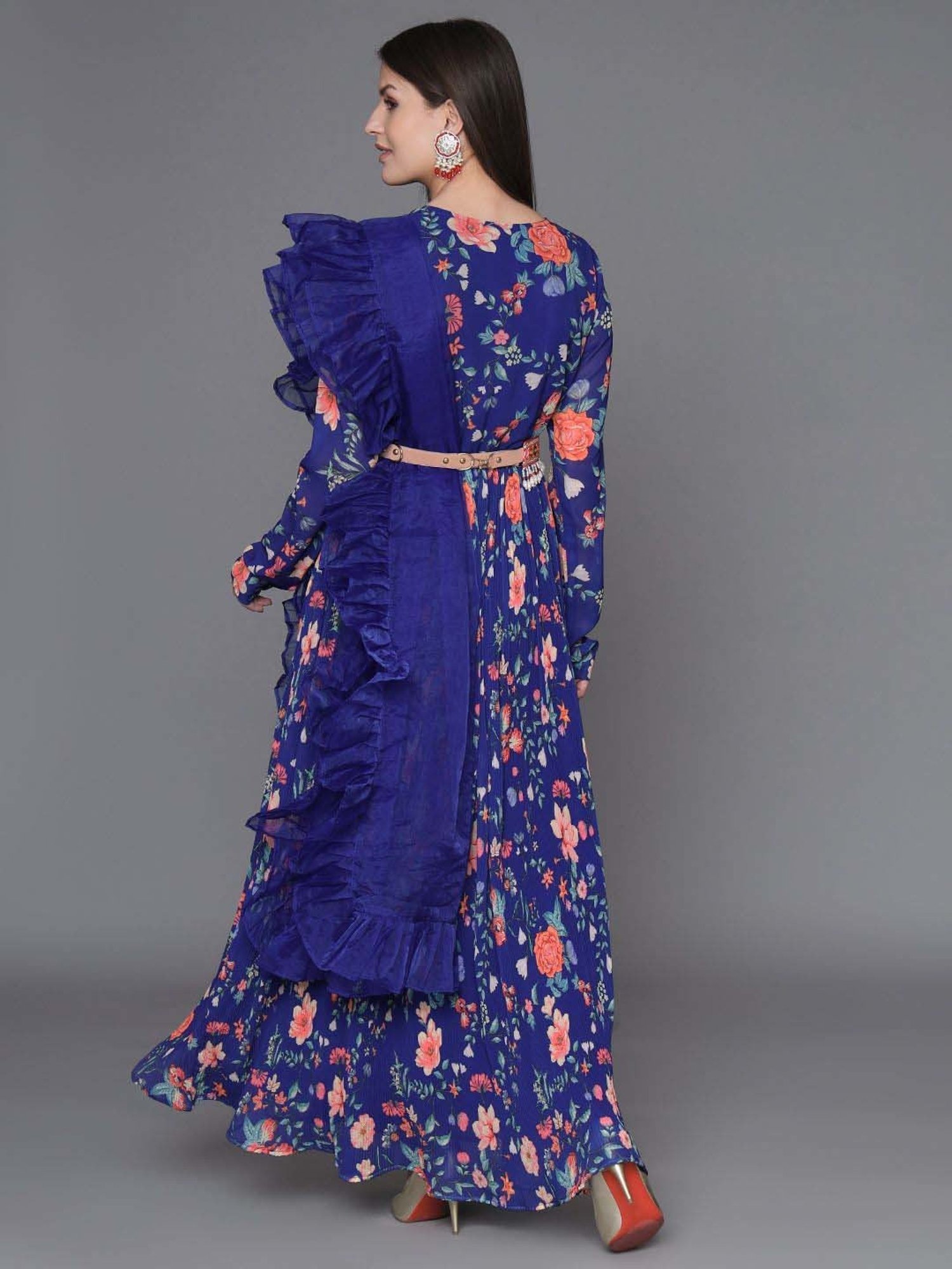 Heeposh Blue Printed Dress With Dupatta & Belt