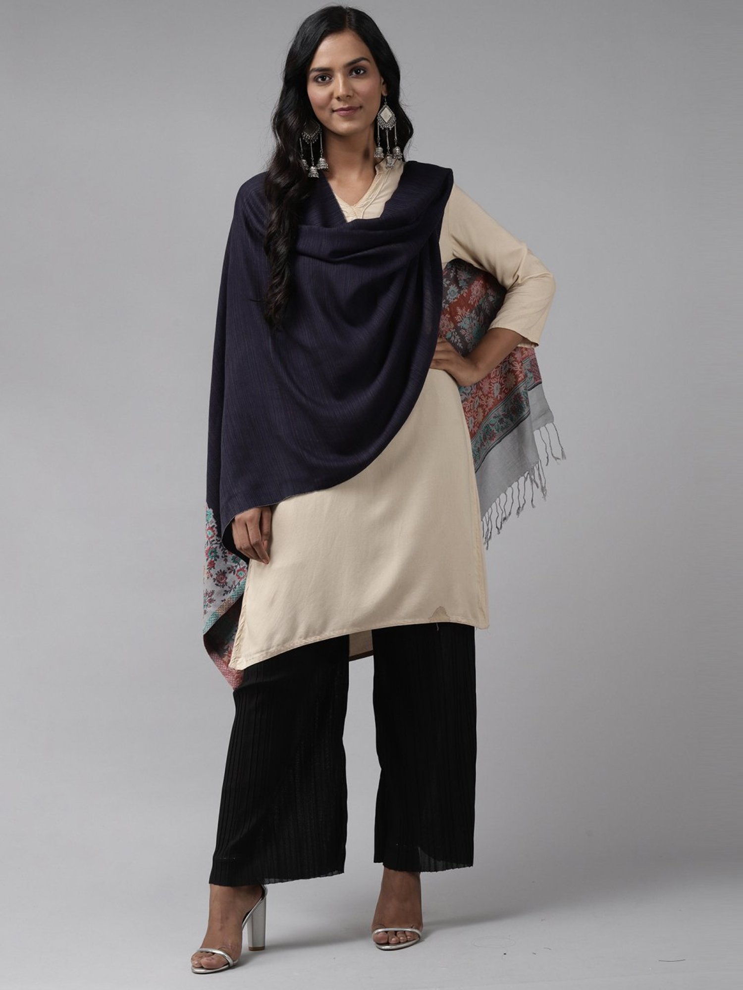 Indo Era Navy & Grey Woven Pattern Shawl