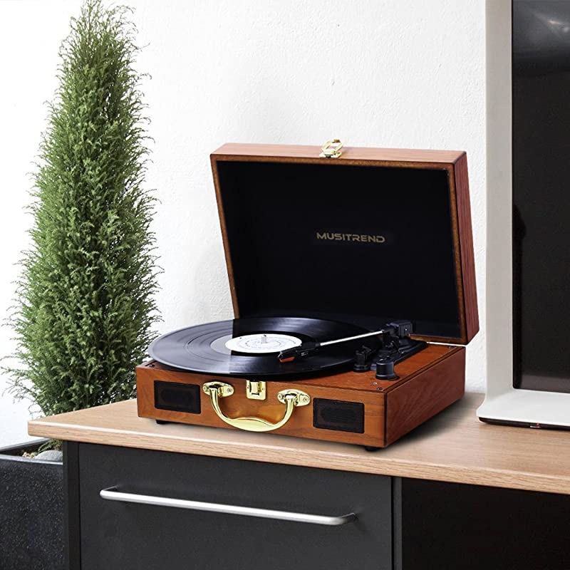 Bluetooth Portable Suitcase Record Player, 3-Speed Belt-Drive Vinyl Record Player with Stereo Speakers Headphone Jack Aux Input RCA Line Out, Vintage Style Turntable (Black)