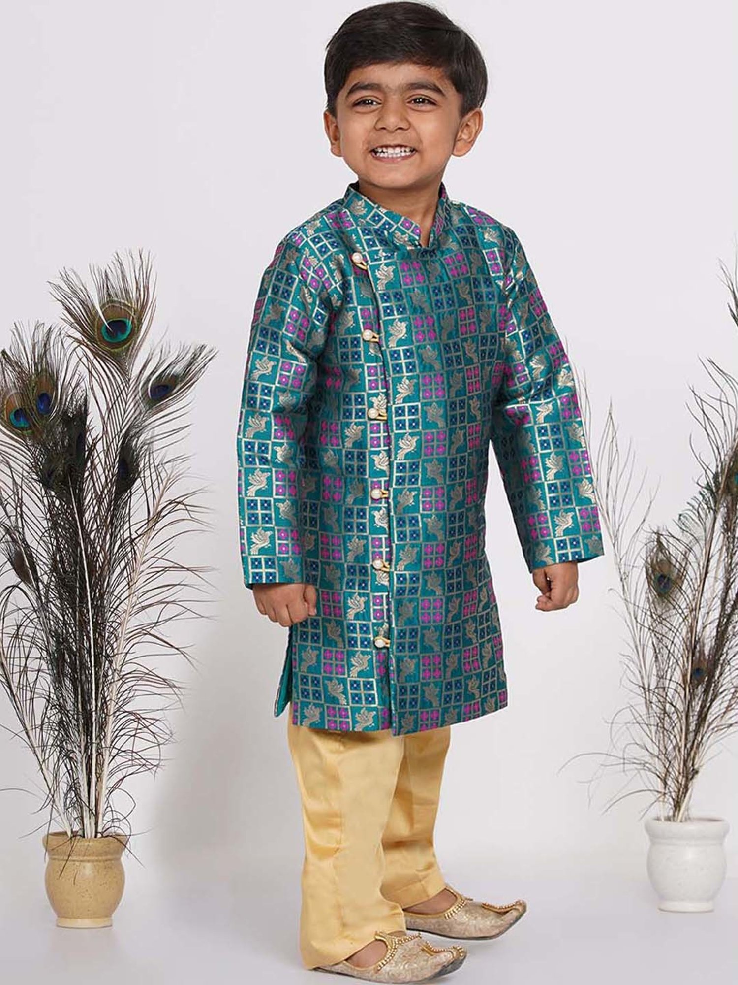 Little Bansi Kids Green & Beige Cotton Printed Full Sleeves Kurta Set