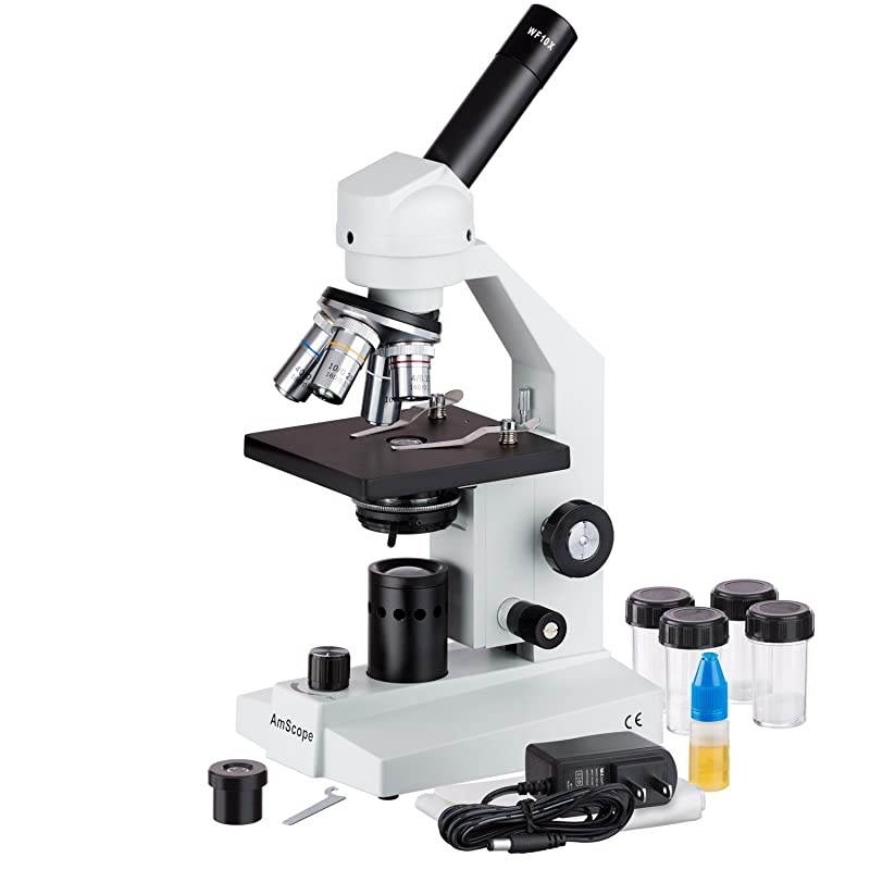 M500C-LED Cordless Monocular Compound Microscope, WF10x and WF25x Eyepieces, 40x-2500x Magnification, Anti-Mold Optics, LED Illumination, Brightfield, Abbe Condenser, Coarse and Fine Focus, Plain Sta