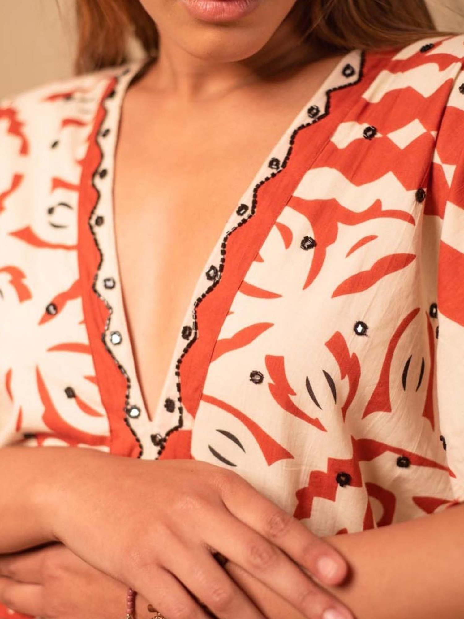 LABEL REYYA Beige & Rust Tribal Jumpsuit