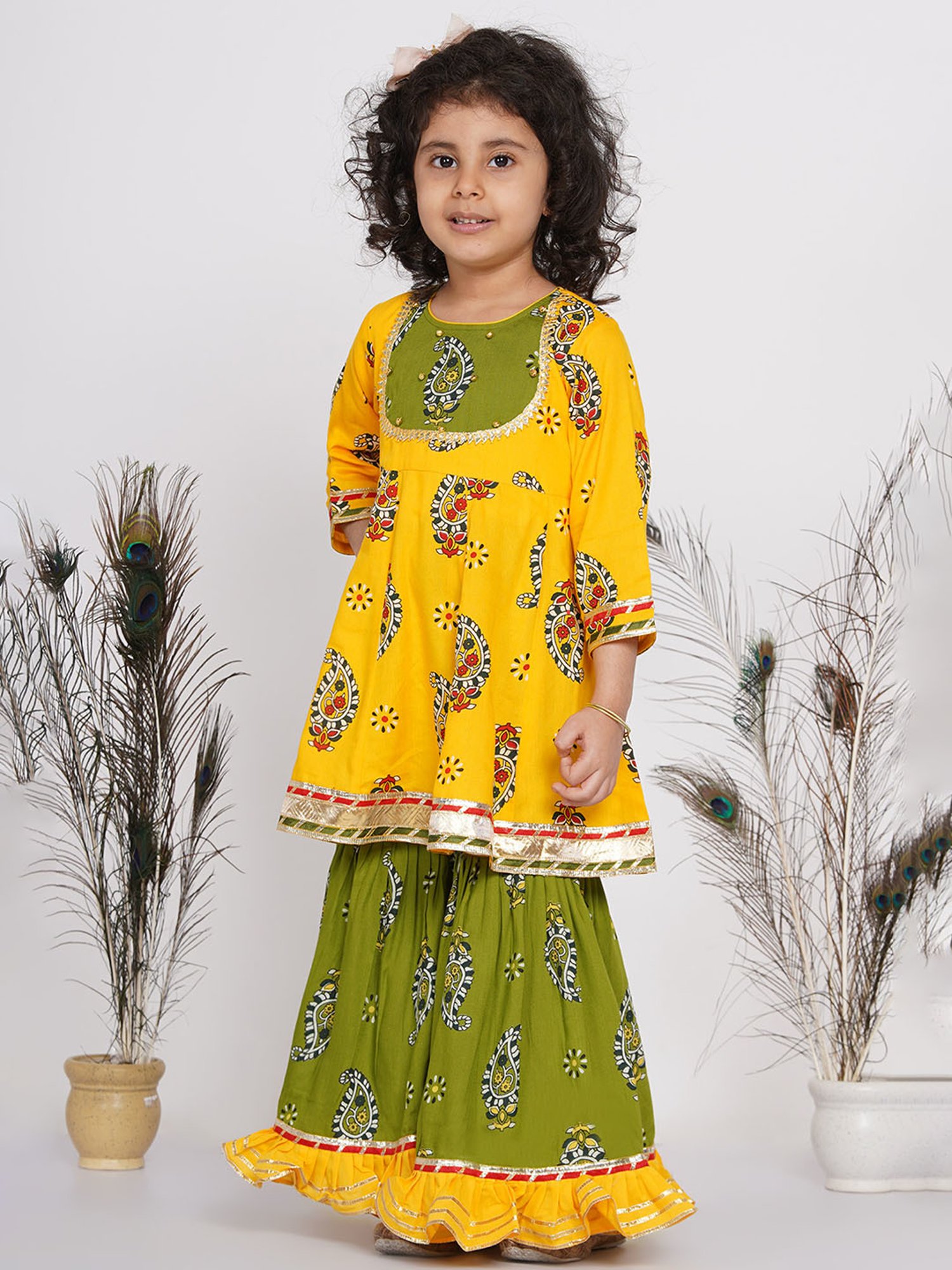Little Bansi Yellow & Green Floral 1 Kurta, 1 Sharara & 1 Dupatta