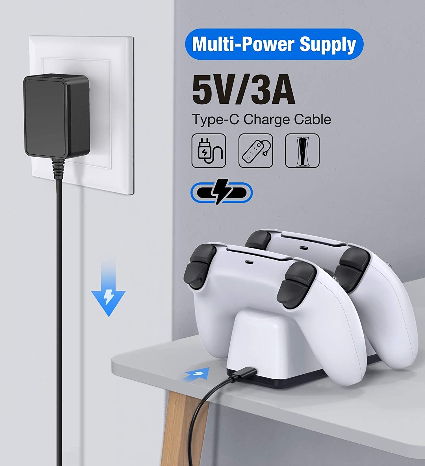 PS5 Charging Station, PS5 Controller Charger Station for Dualsense Controller, Upgrade PS5 Controller Charger with 5V/3A Fast Charging AC Adapter, YXwin PS5 Charger Stand for Dual Controller