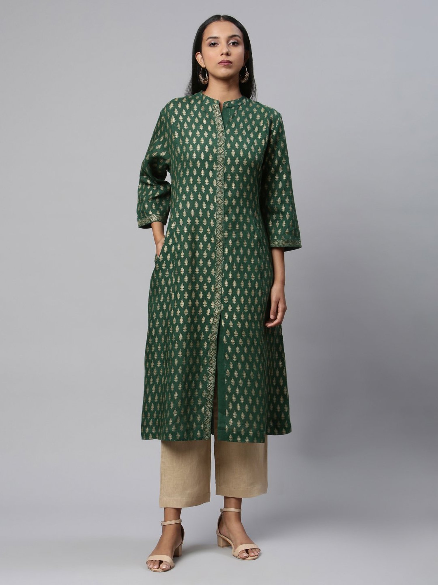 Linen Club Woman Green Linen Printed A Line Kurta