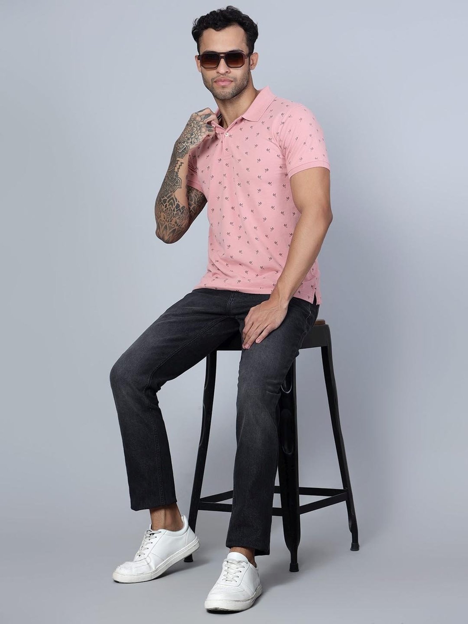 Cantabil Pink Regular Fit Printed Polo T-Shirt