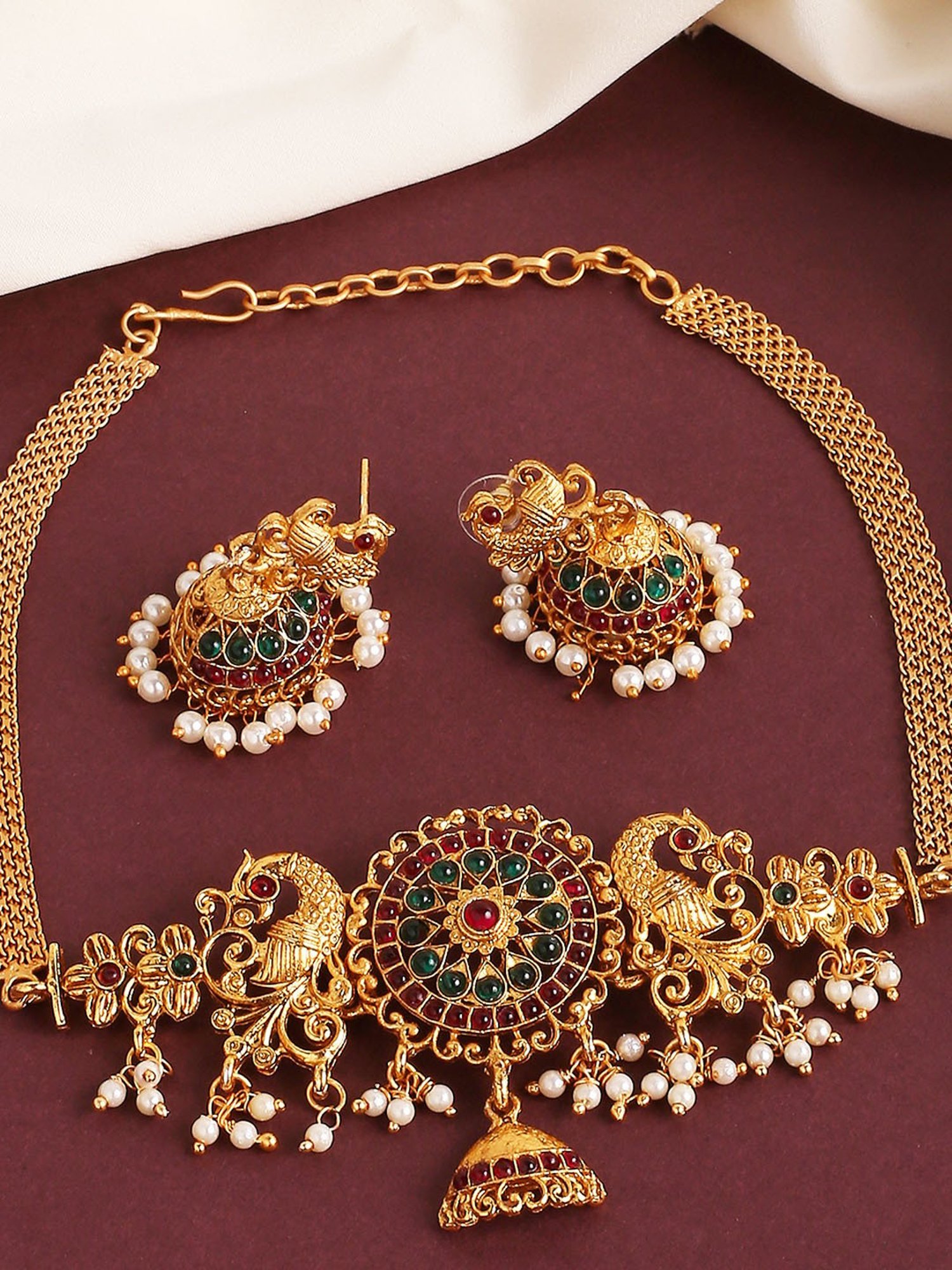 OOMPH Antique Gold Tone Red & Green Stone Peacock Choker Necklace Set with Drop Earrings