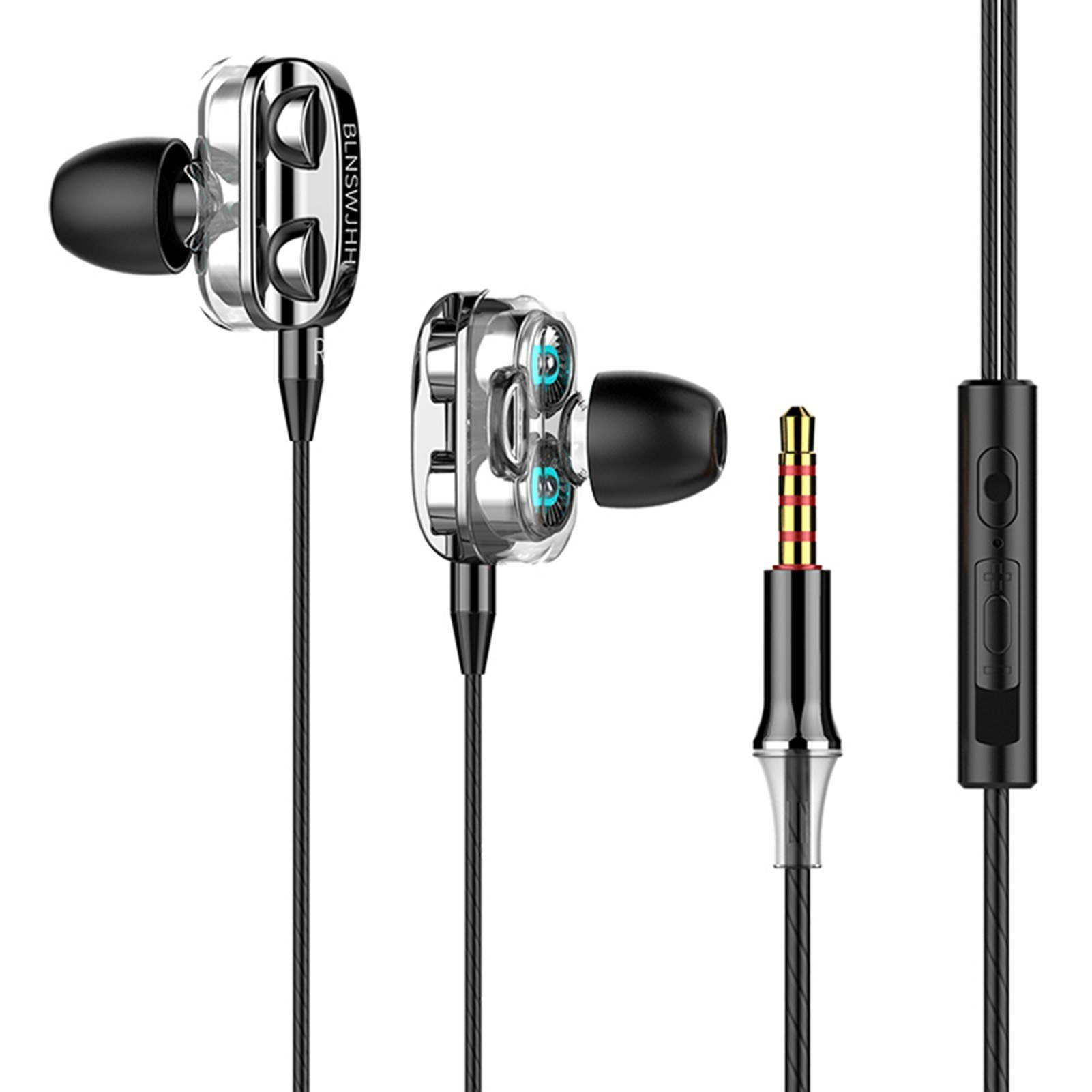 A4 Wired Earphone Dual Driver 3.5mm Port Bass Stereo In-Ear Sports Waterproof Earphone (Four-loudspeaker version)