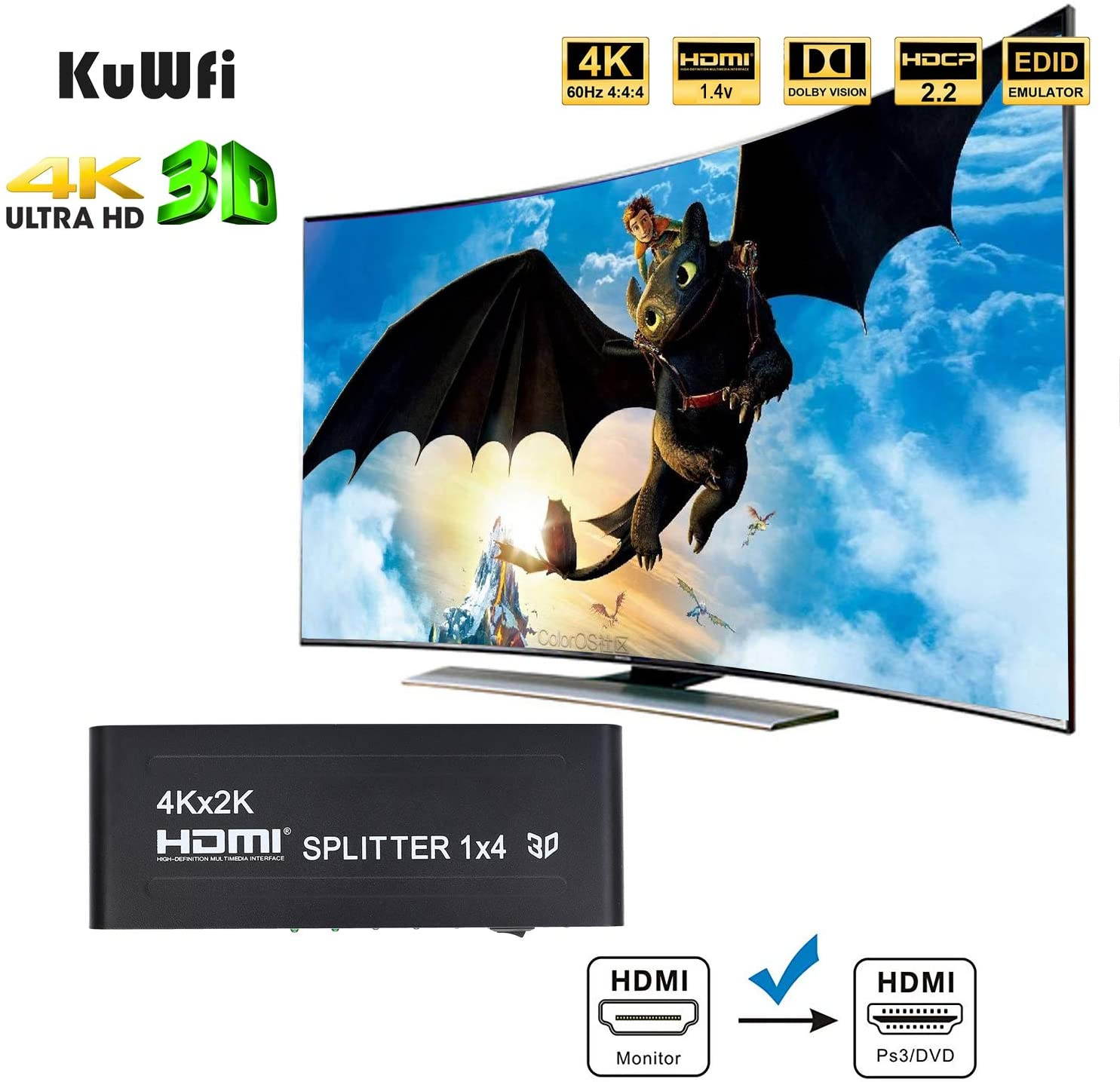 4K 3D HDMI Splitter 1 in 4 Out HDMI Switch Splitter with Metal Box and 24K Gold-Plated Connectors Support 4K 30Hz Ultra HD 3D 1080P Compatible with PS4 DLP Xbox DVD Player Blu-ray HDTV