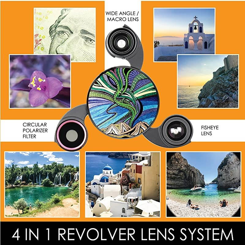 Designer Revolver M Series Camera Kit: 4 in 1 Lens with Case for iPhone 7/8 / SE 2020 &ndash; Fisheye Lens, Wide Angle Lens, Macro Lens, CPL (Aurora Borealis)