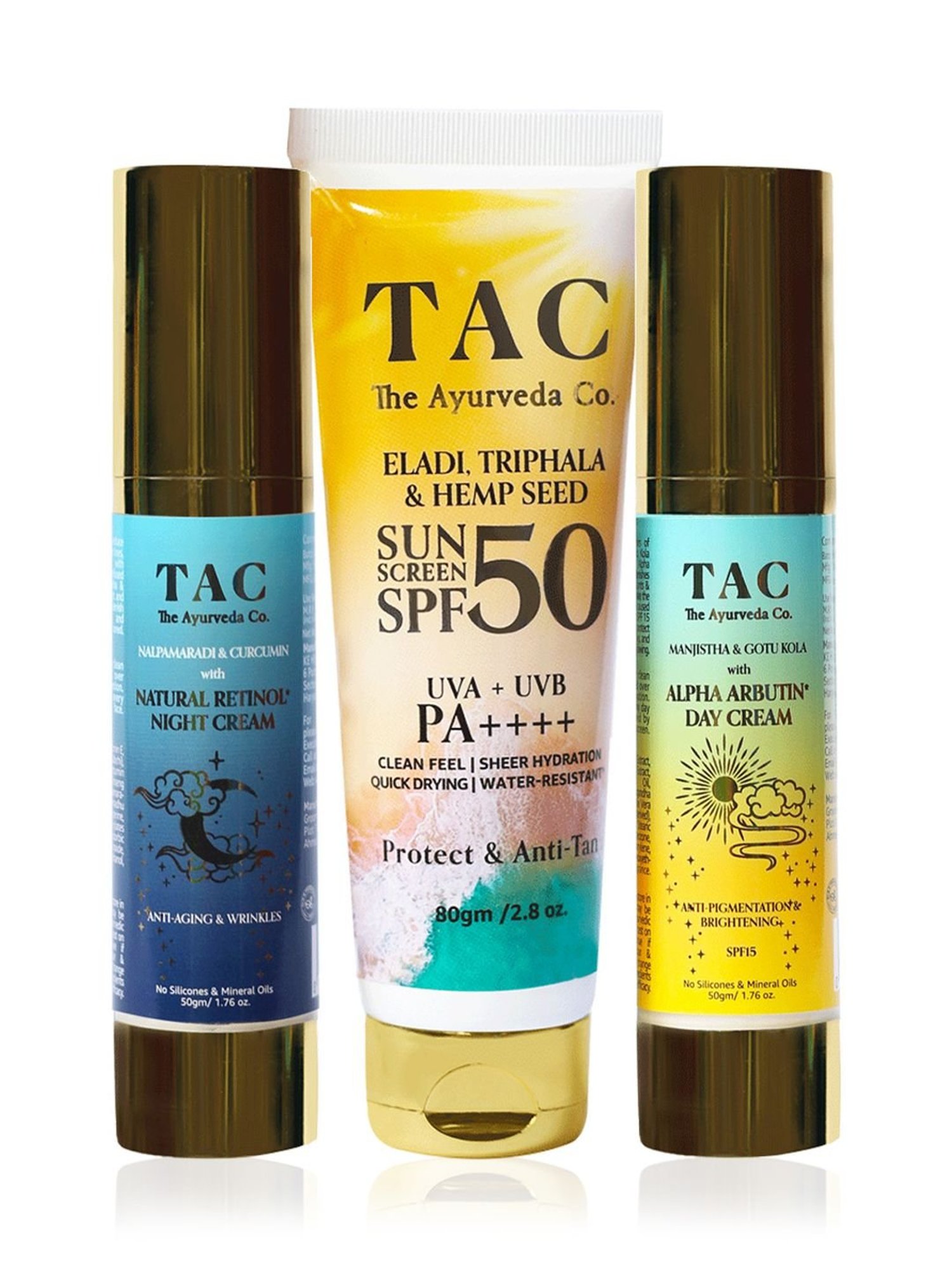TAC - The Ayurveda Co. Day Cream, Night Cream & Eladi, Triphala & Hemp Seed Sunscreen