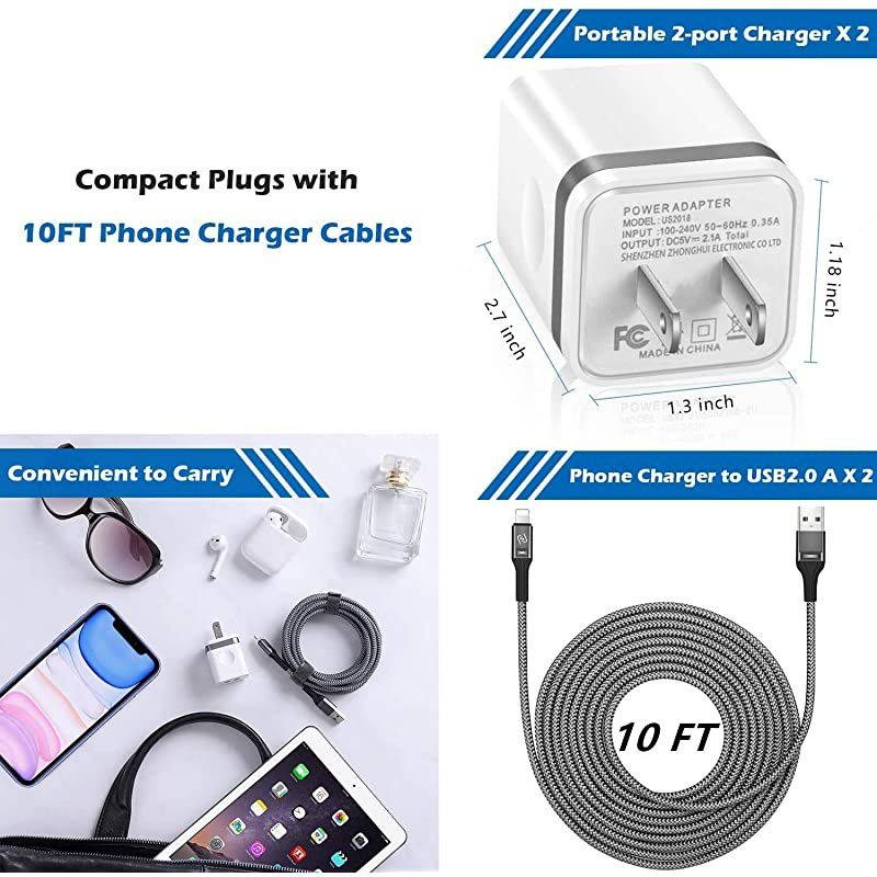 iPhone Charger Cable 10 FT with Wall Plug Braided Long iPhone Charging Cord + Dual USB Wall Charger Block Adapter Compatible with iPhone 121111 Pro MaxXSXRX876 Plus iPad 4Pack