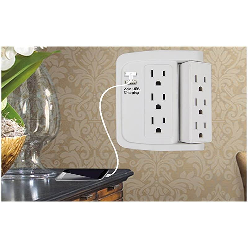 6 Outlet Swivel Wall Adapter, Swivel Outlet with USB Ports, Swivel Wall Tap Adapter White