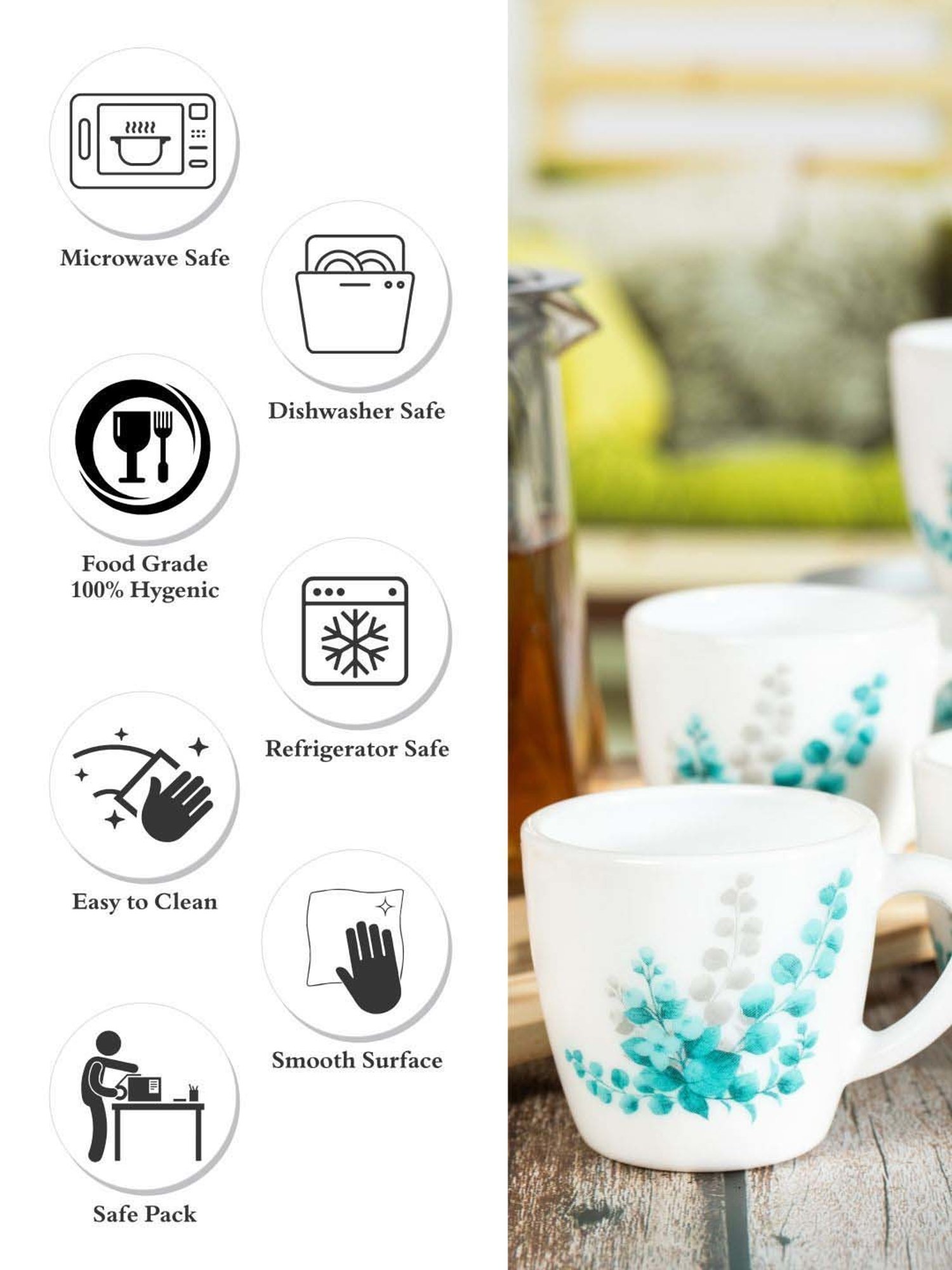 Cello Ricca White & Aqua Glass Coffee Mug (0.1 L) - Set of 6