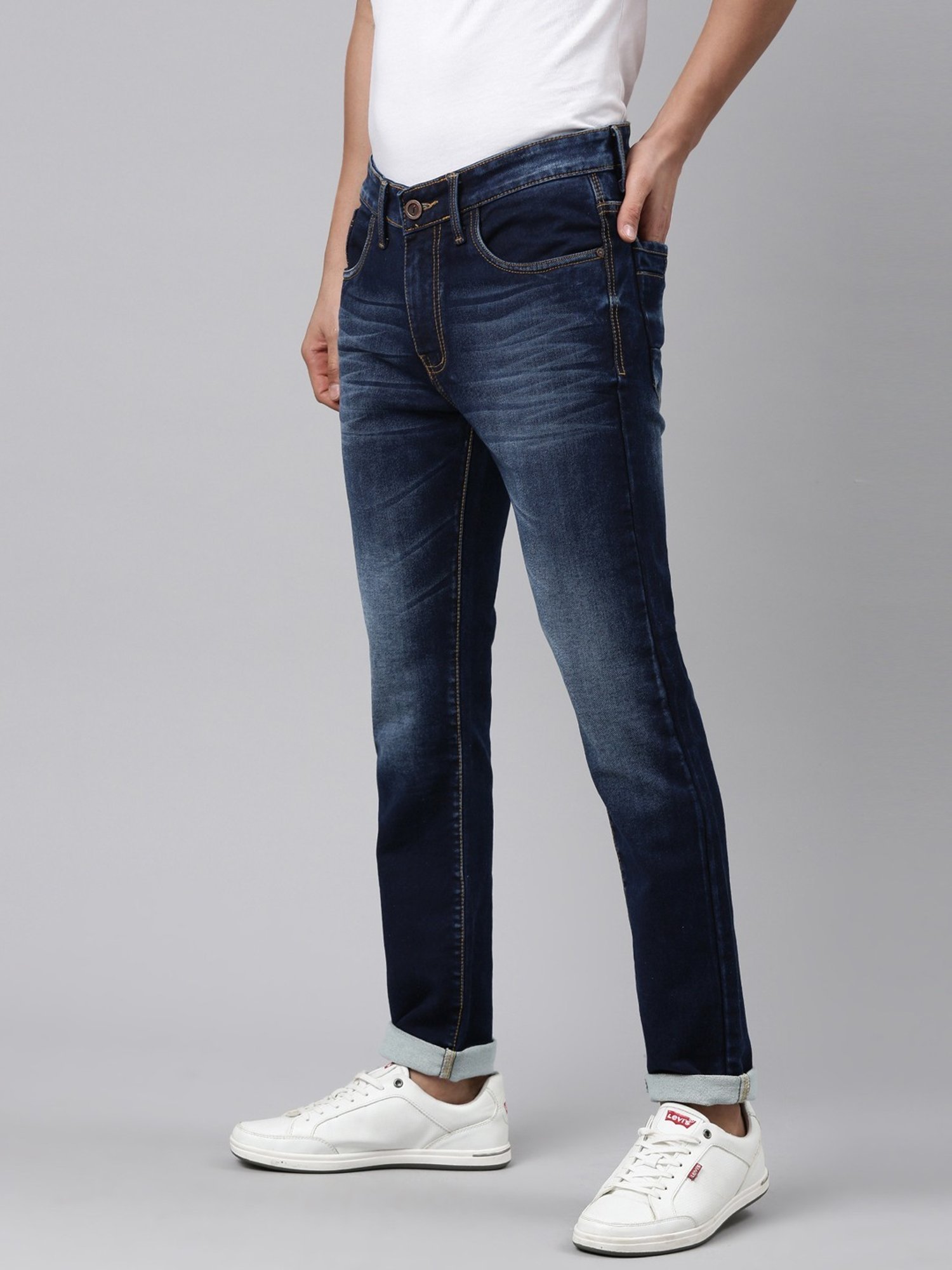 CINOCCI Denim Blue Cotton Slim Fit Jeans