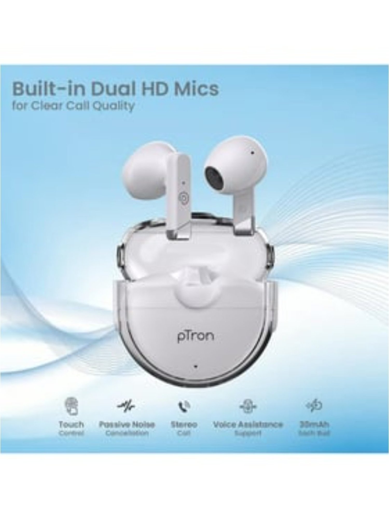 PTron Bassbuds Fute Wireless Bluetooth 5.1 Earbuds, 25 Hours Playtime, Type-C Charging (White)