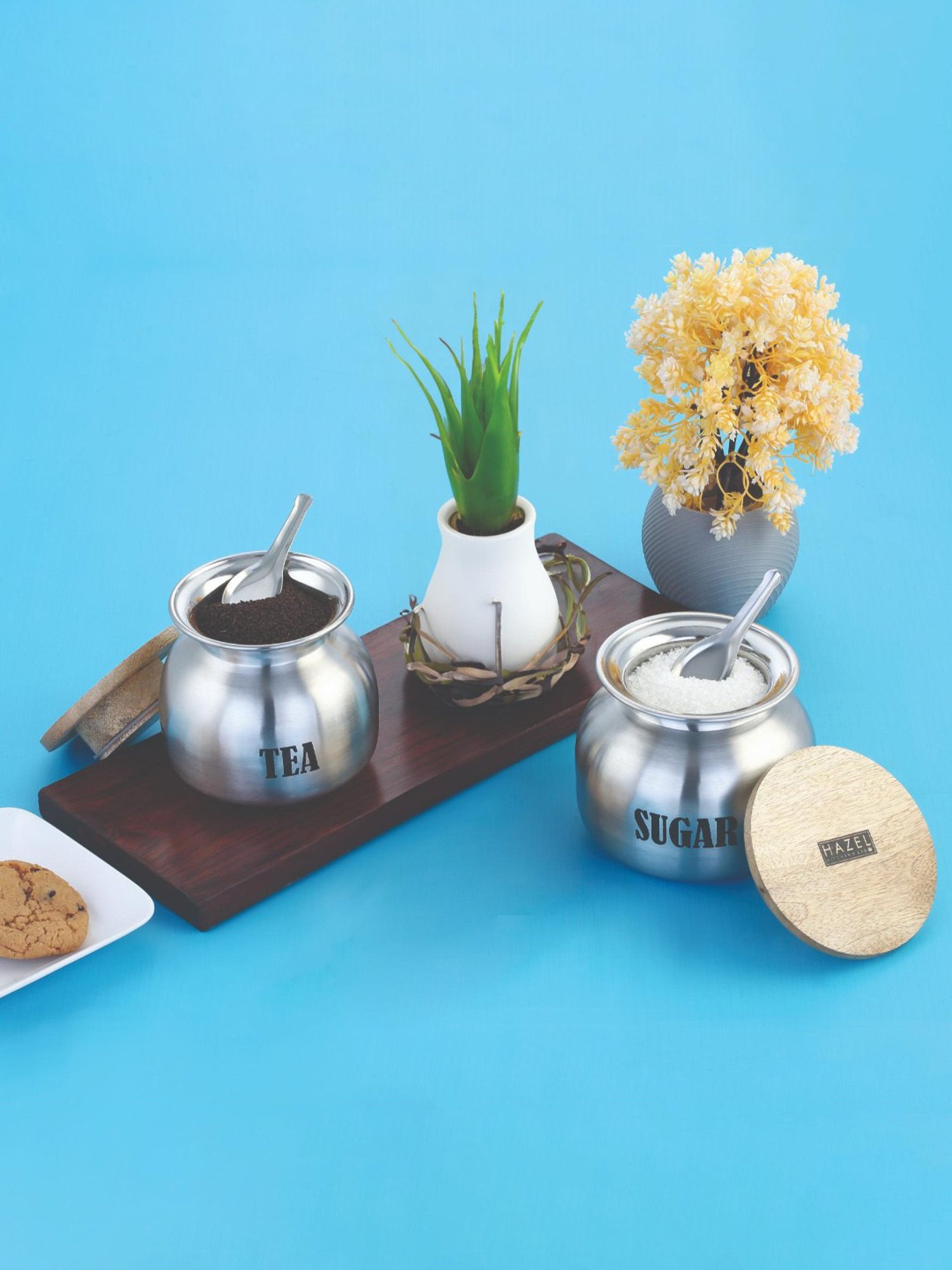 HAZEL Silver Stainless Steel Tea Sugar Containers - Set of 2