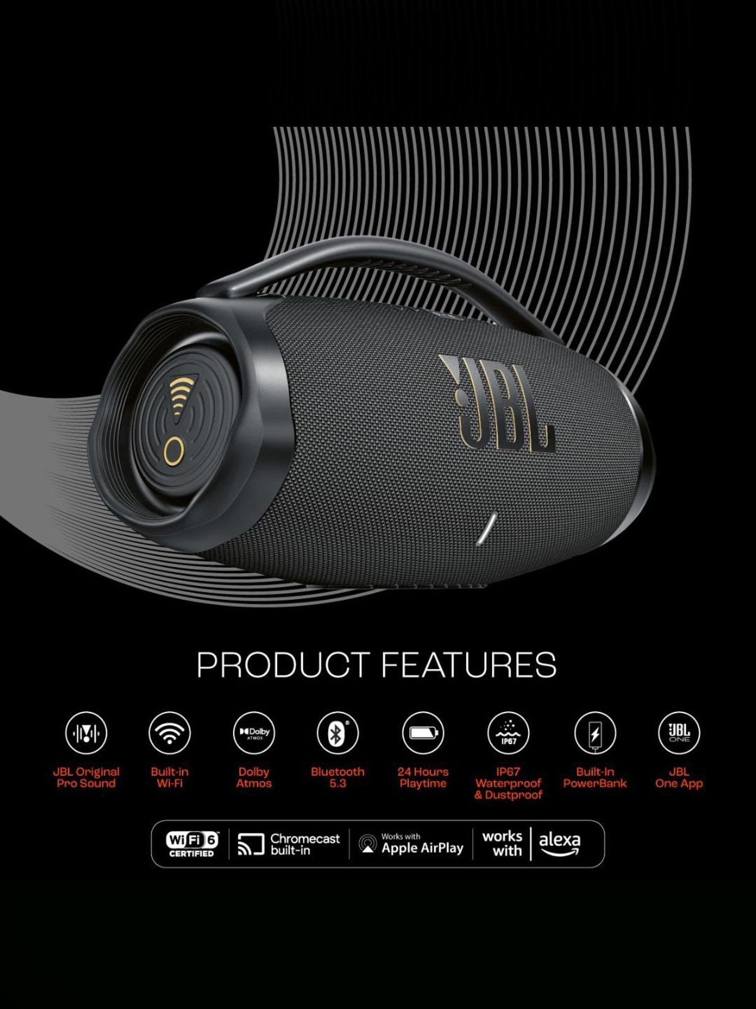 JBL Boombox 3 Wi-Fi, Wireless Portable Bluetooth Speaker with 24H Playtime, Deepest Bass (Black)