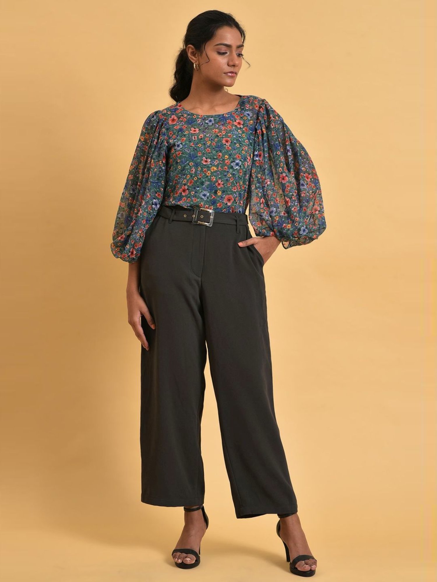 W Green Floral Print Top