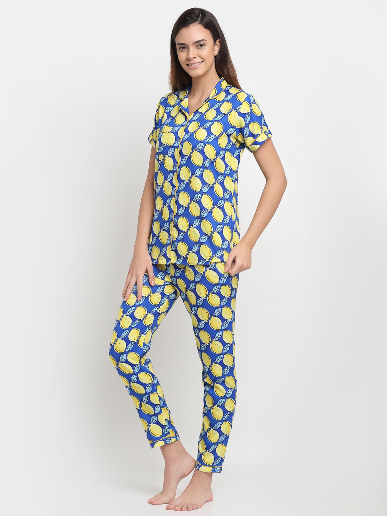 Erotissch Blue & Yellow Printed Shirt Pyjama Set