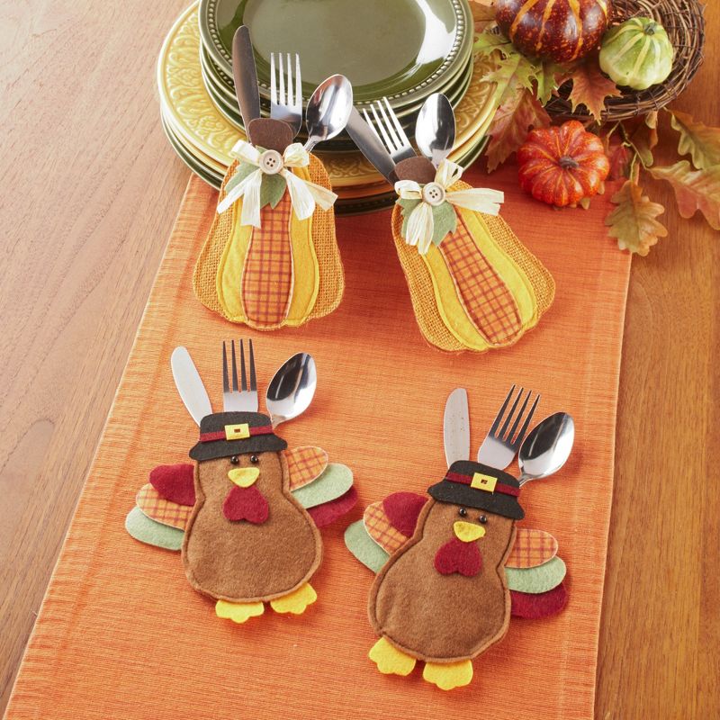 Lakeside Autumn Harvest Flatware Holders with Decorative Pumpkins and Turkeys - Set of 4