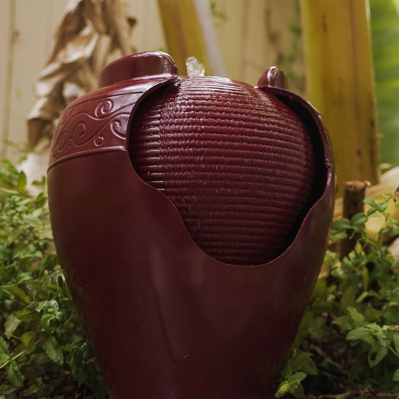 17" Indoor/Outdoor Round Vase Waterfall Fountain with Ridges Red - XBrand